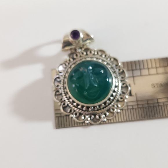 Green Onyx Carved Face Pendant with Amethyst Accent in Sterling Silver - Picture 11 of 13